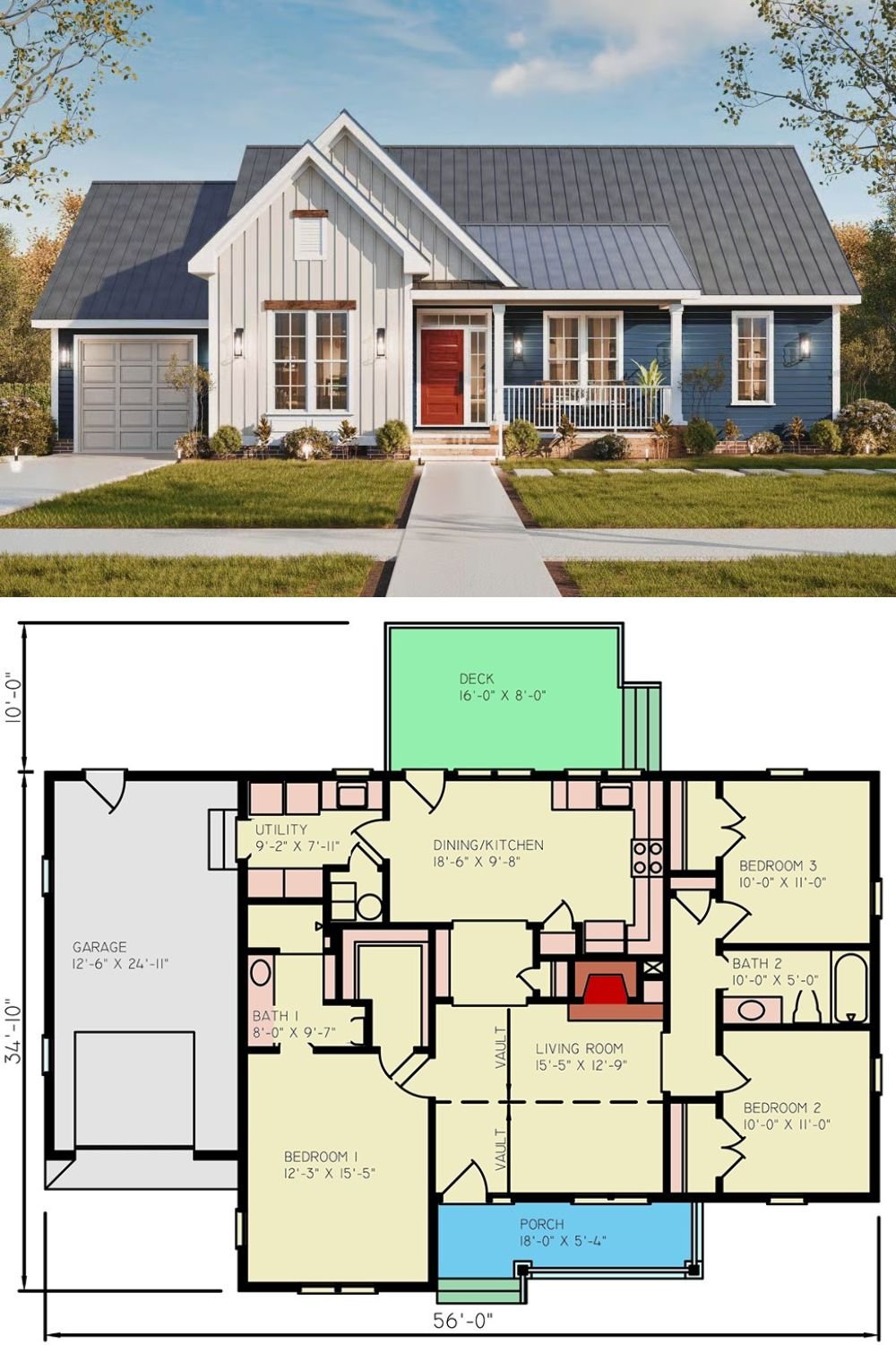 Country-Style Home with 3 Bedrooms and a Front Porch (Floor Plan)