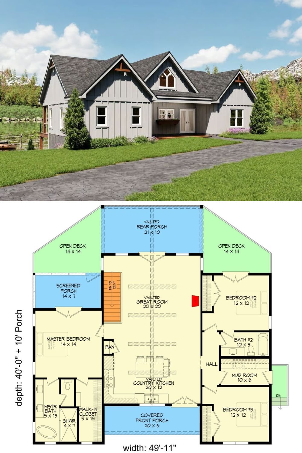 Craftsman-Style 3-Bedroom Home with Front Porch and Basement Expansion (Floor Plan)