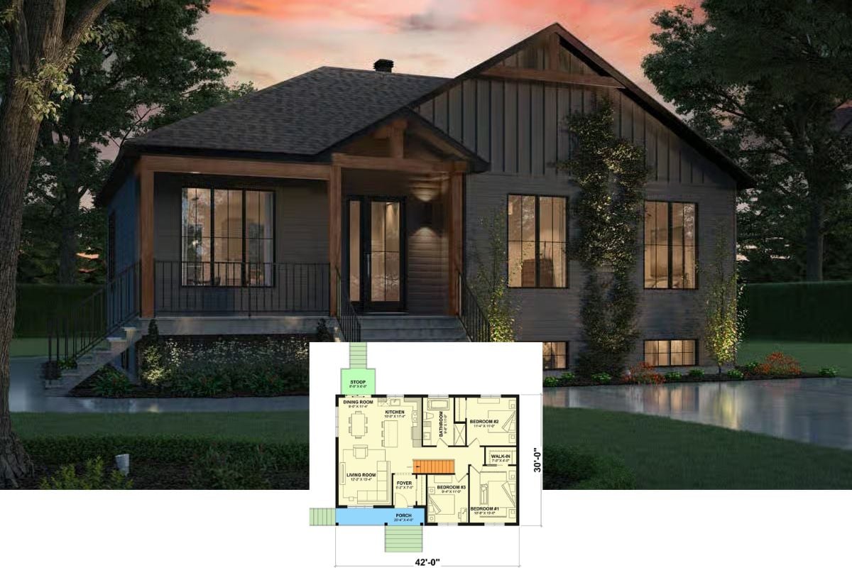 This home blends a modern mountain look with clean lines and warm natural accents. The exterior pairs vertical siding with wood beams and large windows, giving it a simple but confident presence. A covered front porch leads to the main entry, raised slightly above ground level, creating a defined transition into the interior.