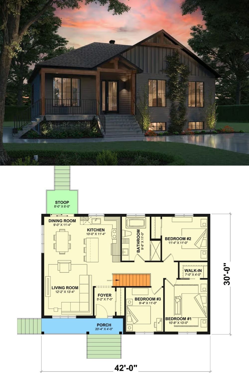 This home blends a modern mountain look with clean lines and warm natural accents. The exterior pairs vertical siding with wood beams and large windows, giving it a simple but confident presence. A covered front porch leads to the main entry, raised slightly above ground level, creating a defined transition into the interior.