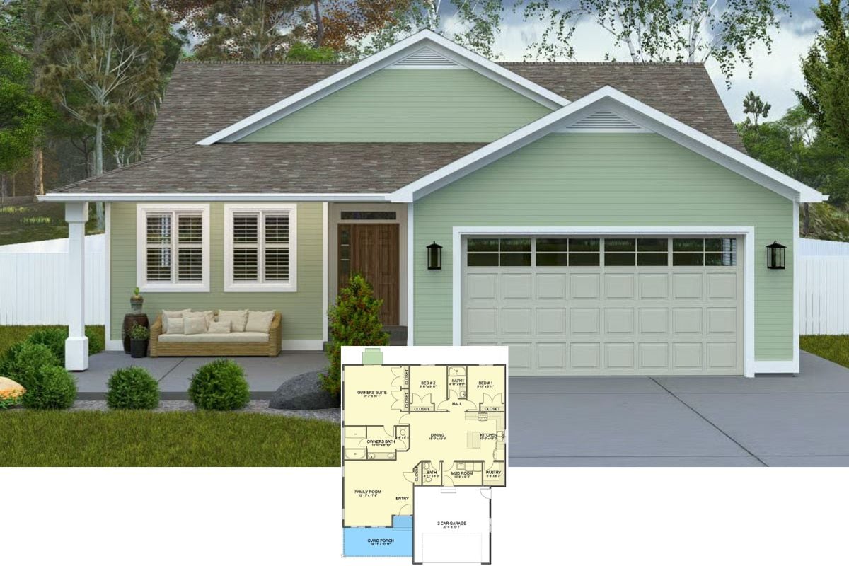 Craftsman-Style 3-Bedroom Ranch with Front Porch and Double Garage (Floor Plan)