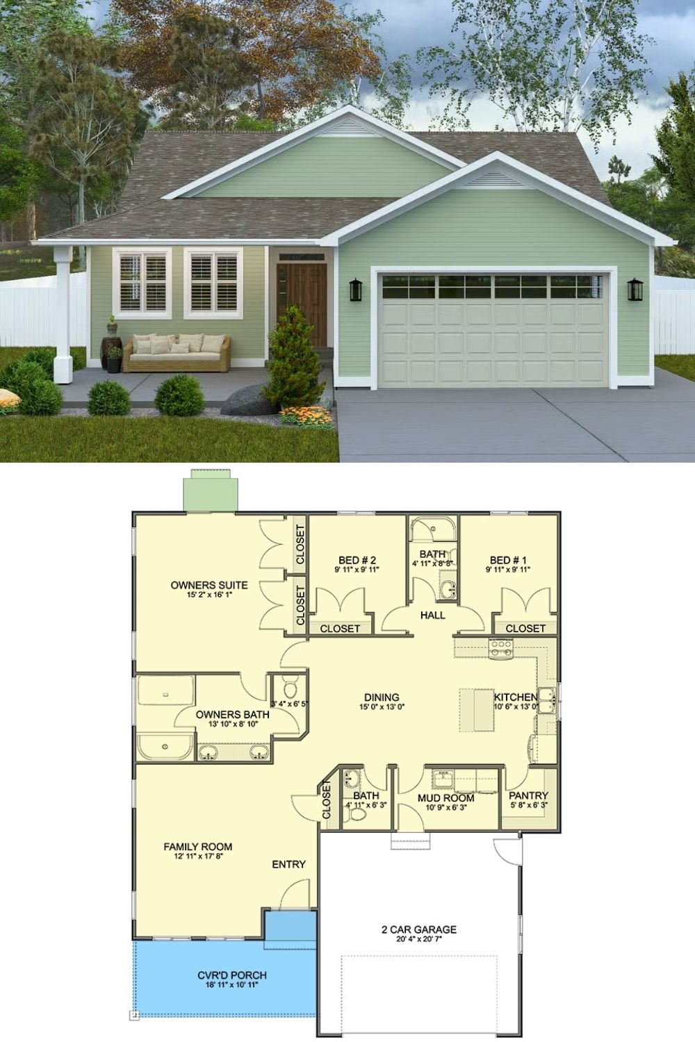 Craftsman-Style 3-Bedroom Ranch with Front Porch and Double Garage (Floor Plan)