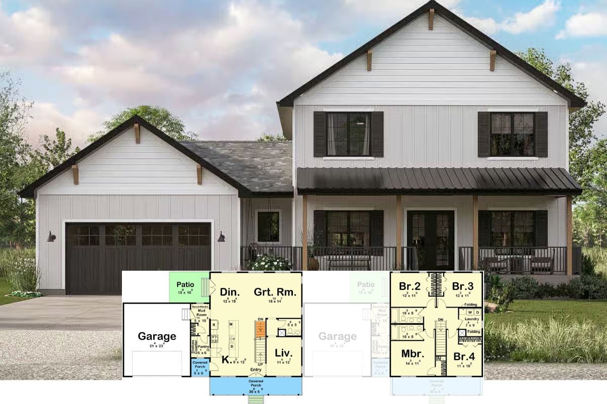 Farmhouse-Style 3-Bedroom Home with Front Porch and Double Garage (Floor Plan)
