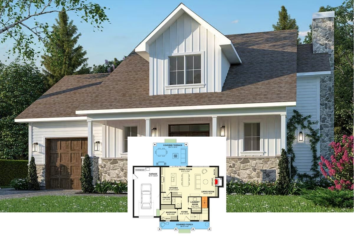 Farmhouse-Style 3-Bedroom Home with Front Porch and Covered Patio (Floor Plan)