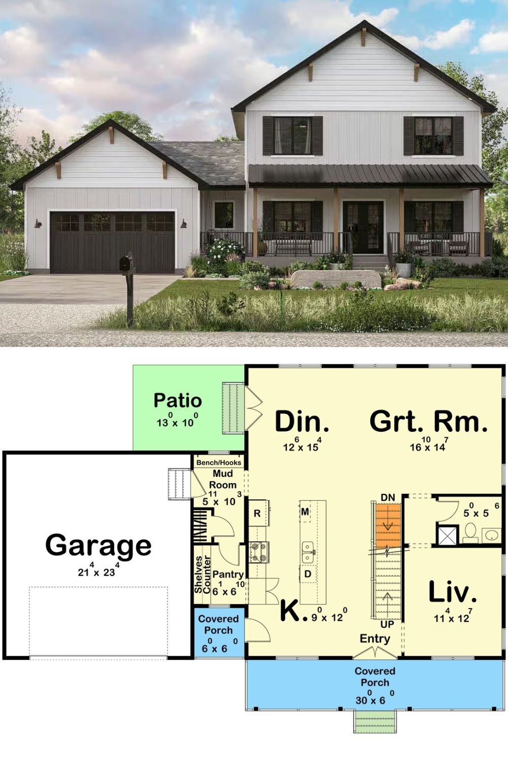 Farmhouse-Style 3-Bedroom Home with Front Porch and Double Garage (Floor Plan)