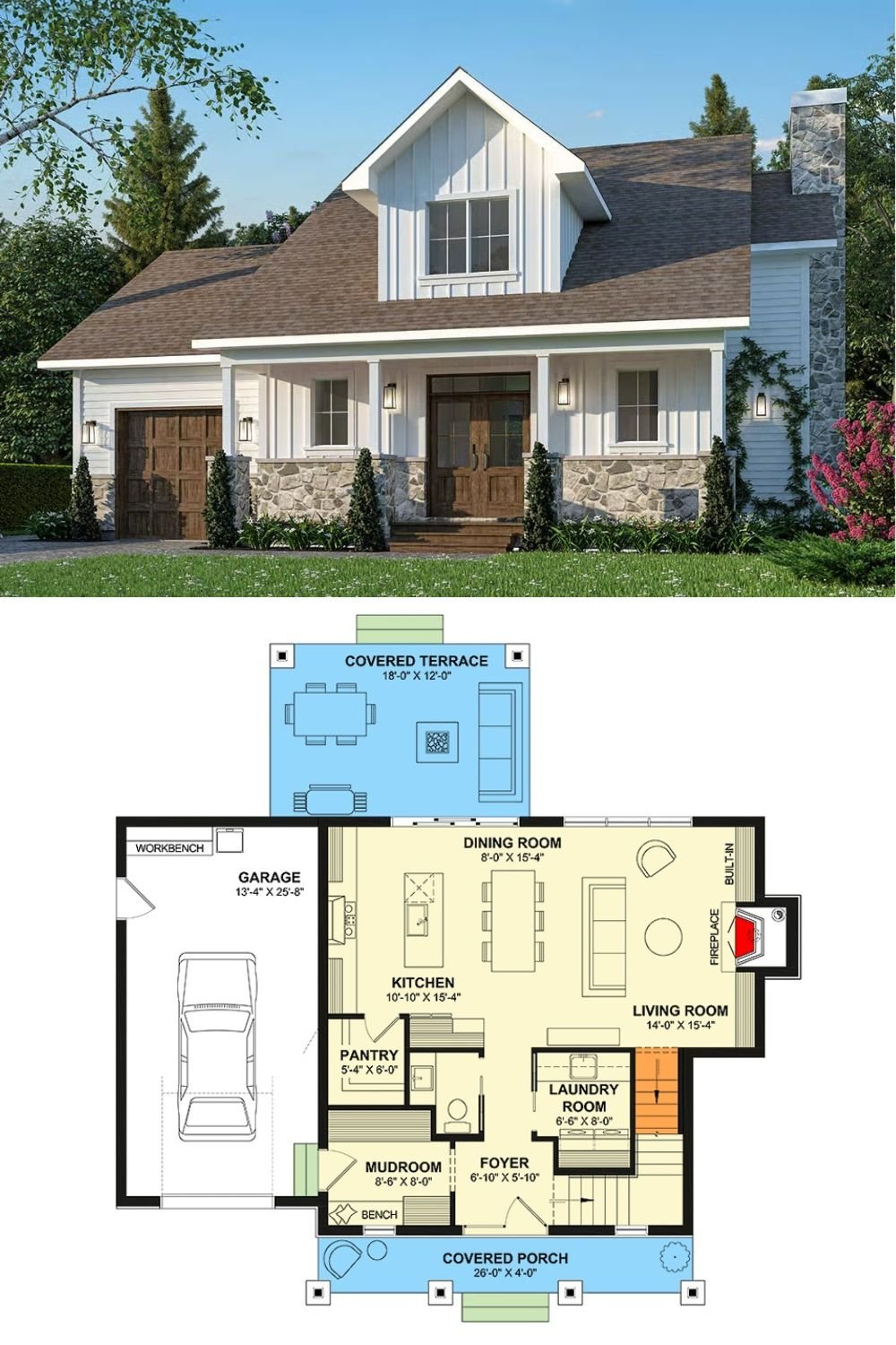 Farmhouse-Style 3-Bedroom Home with Front Porch and Covered Patio (Floor Plan)
