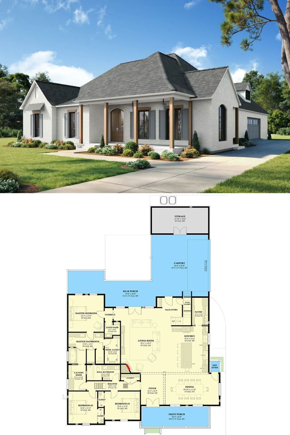 3-Bedroom French Country Home with Bonus Room and Front Porch (Floor Plan)