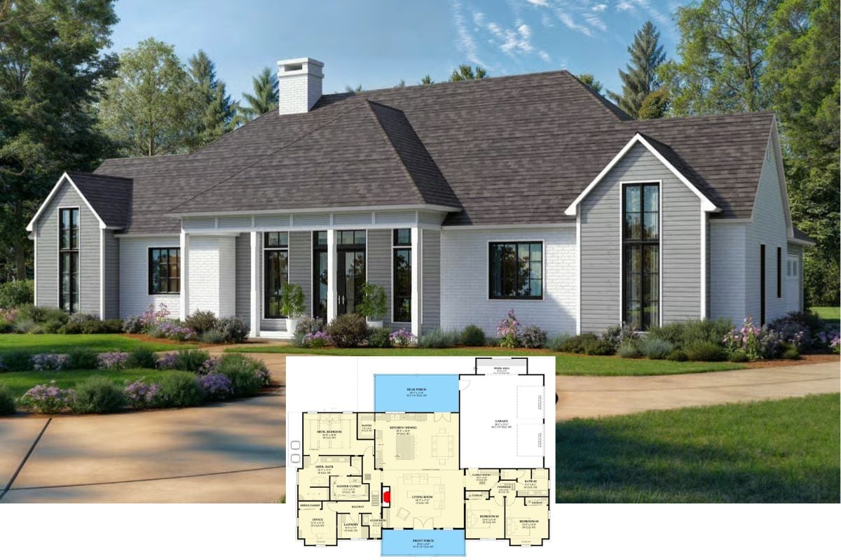 3-Bedroom Mid-Century Modern Home with Double Garage and Dual Porches (Floor Plan)