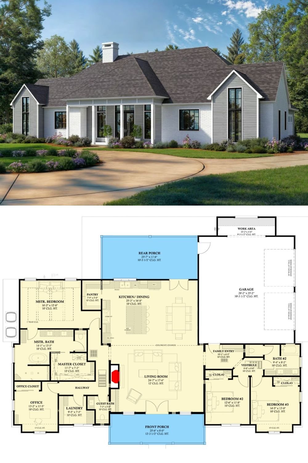 3-Bedroom Mid-Century Modern Home with Double Garage and Dual Porches (Floor Plan)