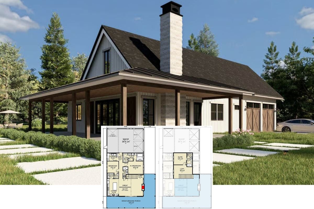 Modern 3-Bedroom Barndominium with Loft and Wraparound Porch (Floor Plan)