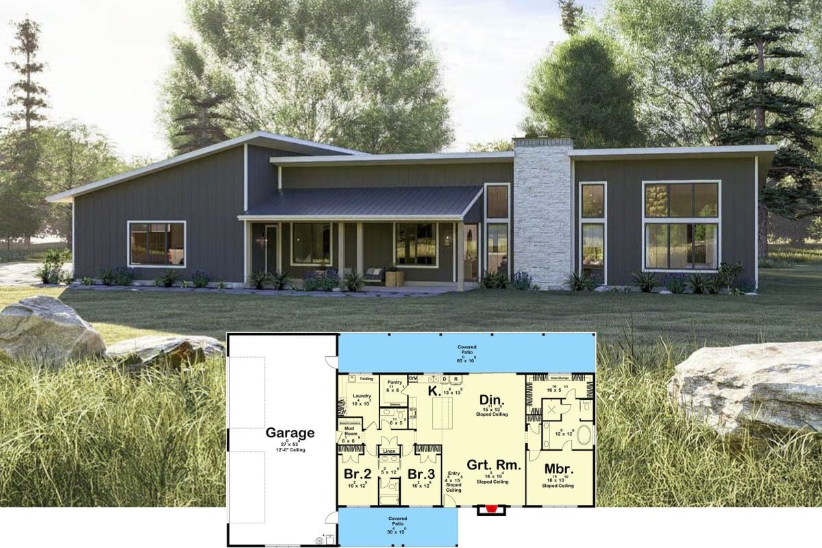 3-Bedroom Modern Barndominium with Covered Patios and 4-Car Garage (Floor Plan)
