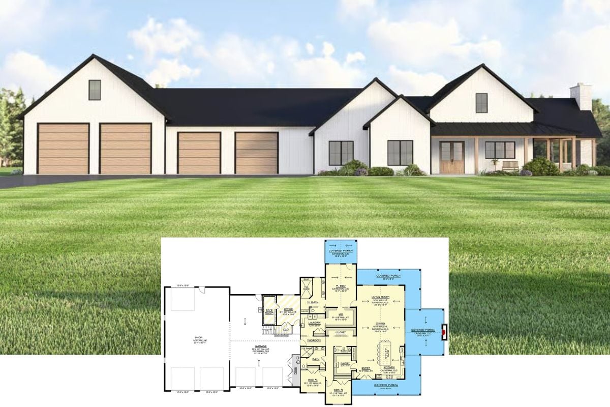 Modern Barndominium-Style 3-Bedroom Home for a Wide Lot with Loft and Wraparound Porch (Floor Plan)