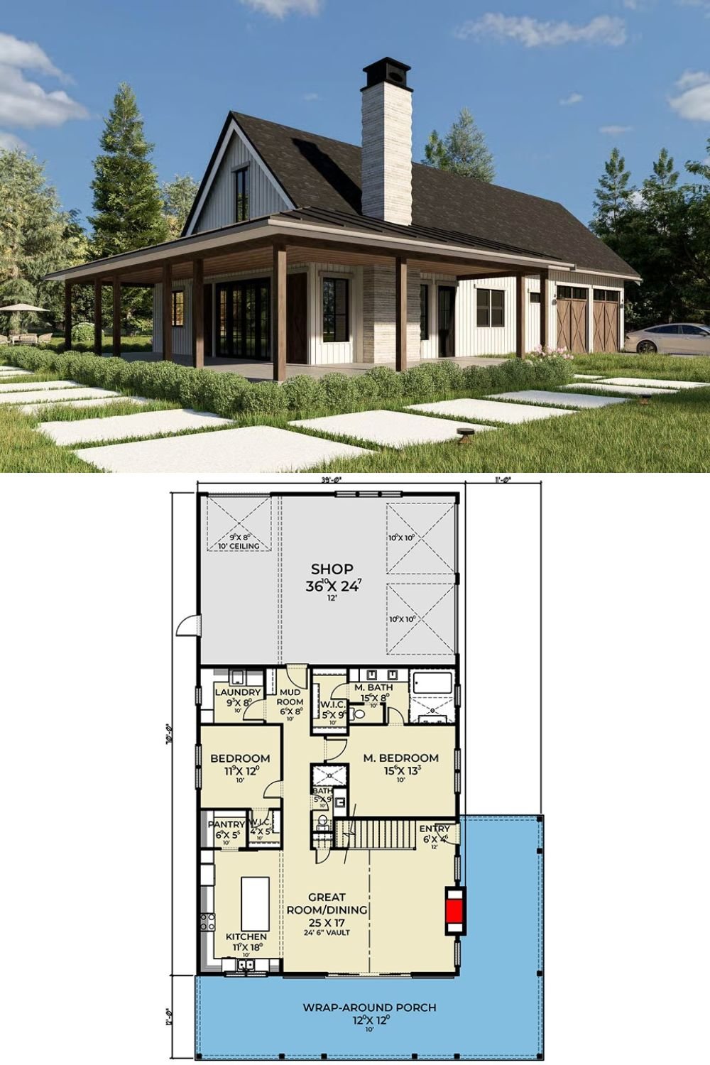 Modern 3-Bedroom Barndominium with Loft and Wraparound Porch (Floor Plan)