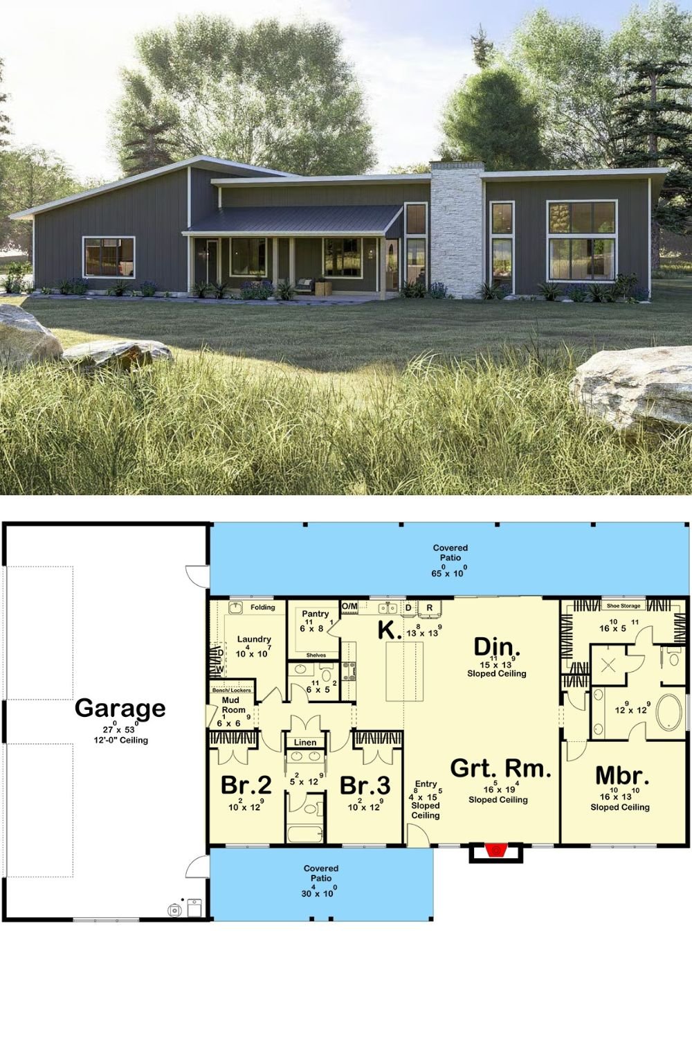 3-Bedroom Modern Barndominium with Covered Patios and 4-Car Garage (Floor Plan)