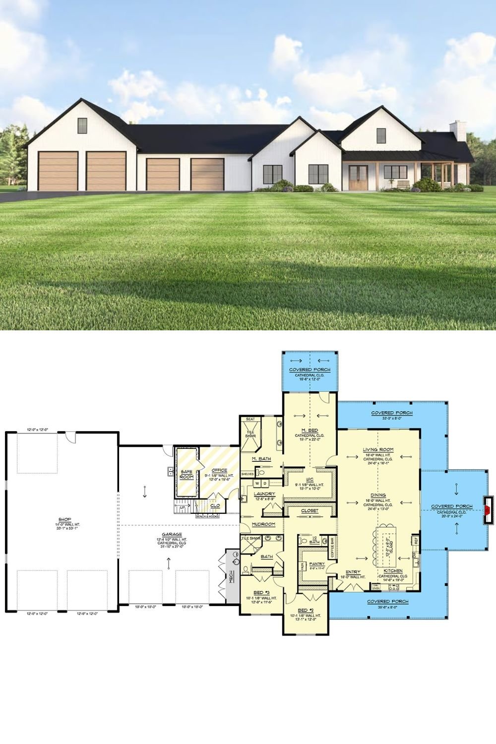 Modern Barndominium-Style 3-Bedroom Home for a Wide Lot with Loft and Wraparound Porch (Floor Plan)
