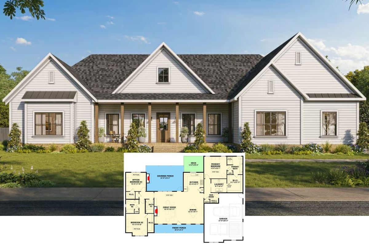 3-Bedroom Modern Farmhouse with Front Porch and Covered Patio (Floor Plan)