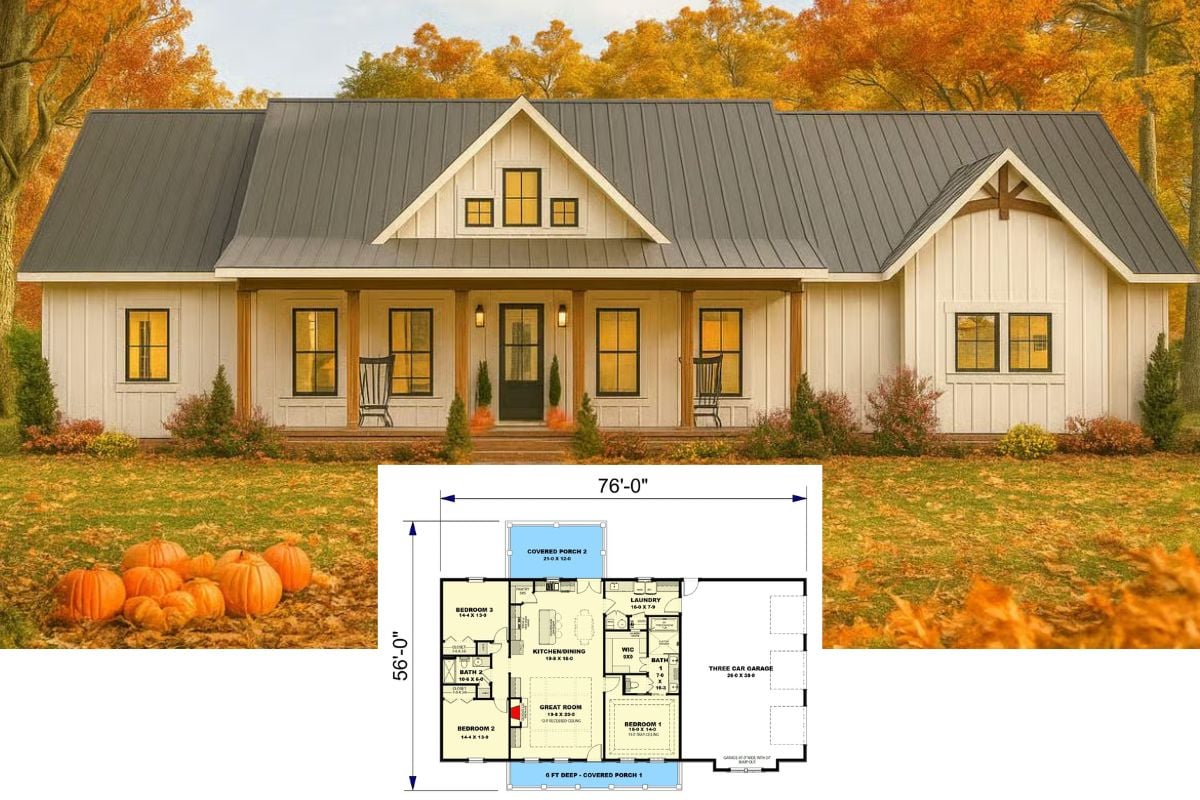 3-Bedroom Modern Farmhouse Ranch with 3-Car Garage and Open-Concept Living (Floor Plan)