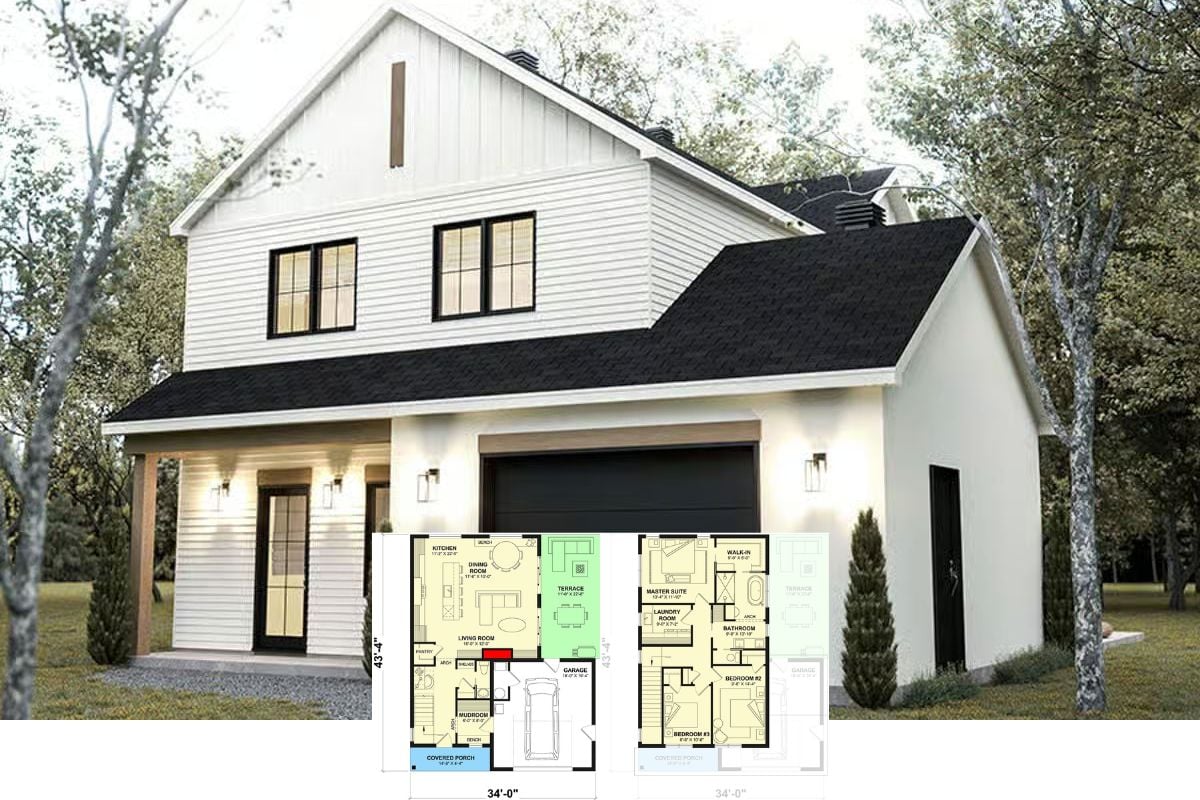 Modern 3-Bedroom Farmhouse with Front Porch and Open-Concept Living (Floor Plan)