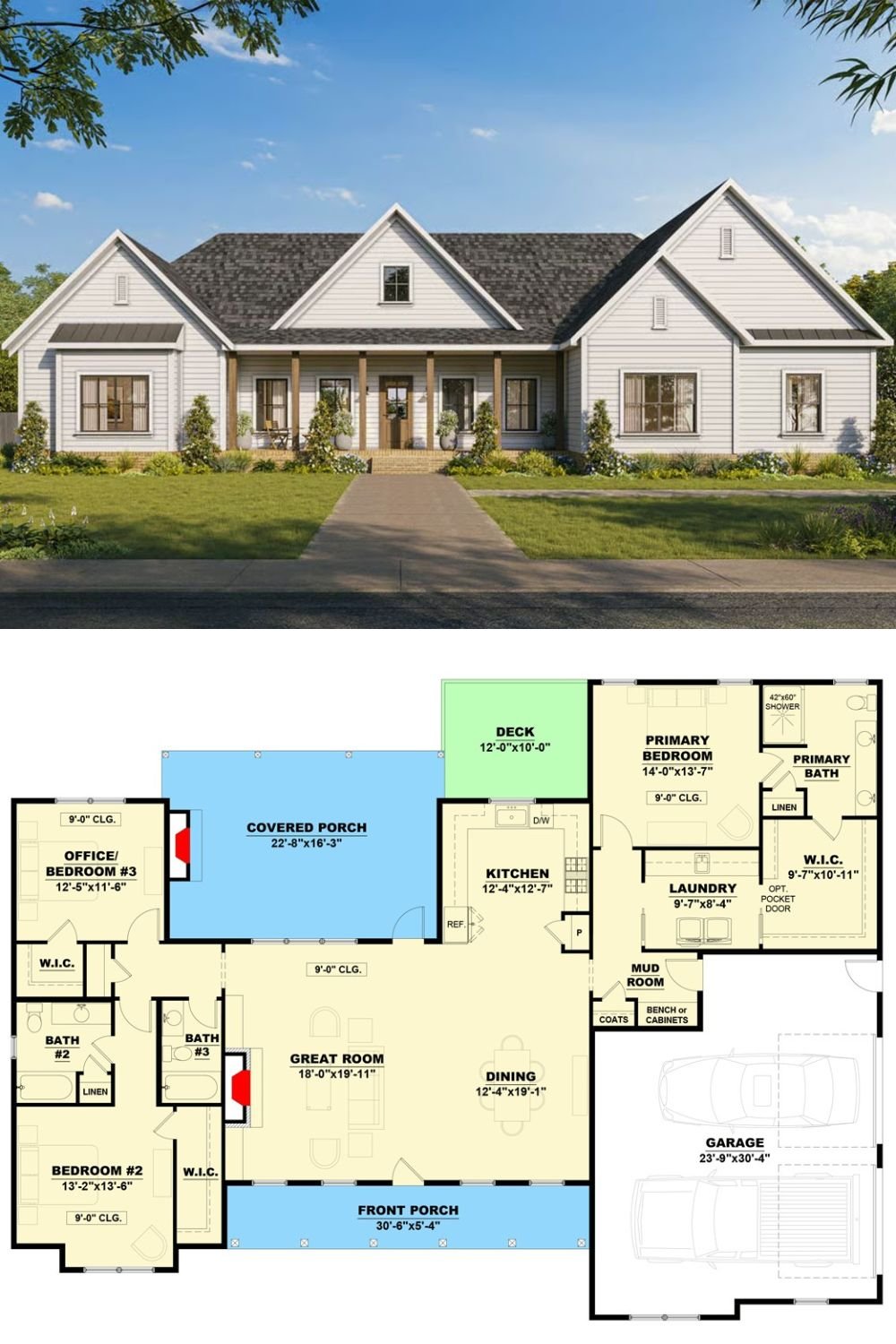 3-Bedroom Modern Farmhouse with Front Porch and Covered Patio (Floor Plan)