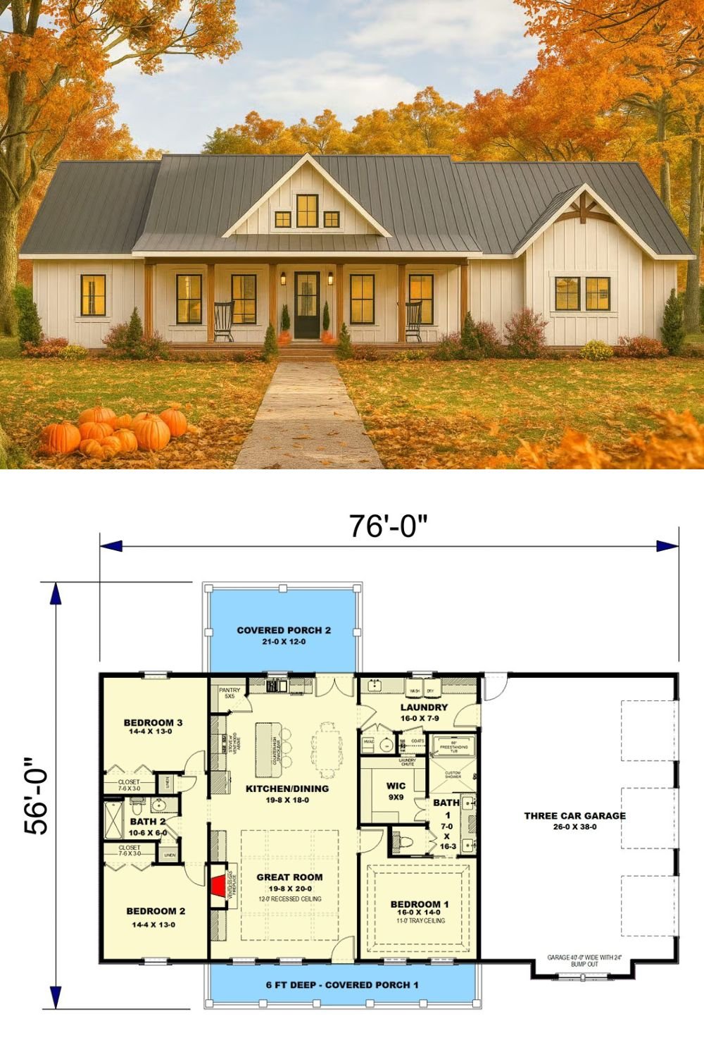 3-Bedroom Modern Farmhouse Ranch with 3-Car Garage and Open-Concept Living (Floor Plan)