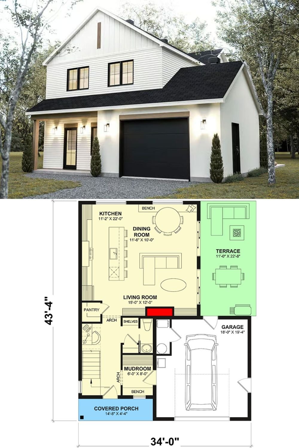 Modern 3-Bedroom Farmhouse with Front Porch and Open-Concept Living (Floor Plan)