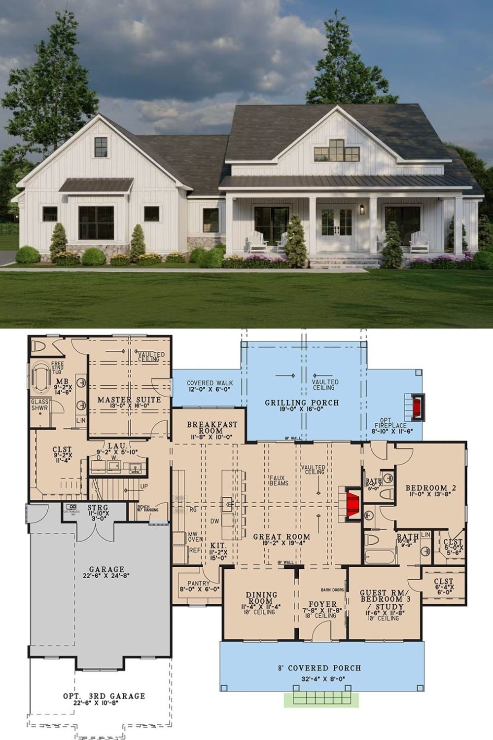 3-Bedroom Modern Farmhouse with Bonus Room and Jack & Jill Bath (Floor Plan)