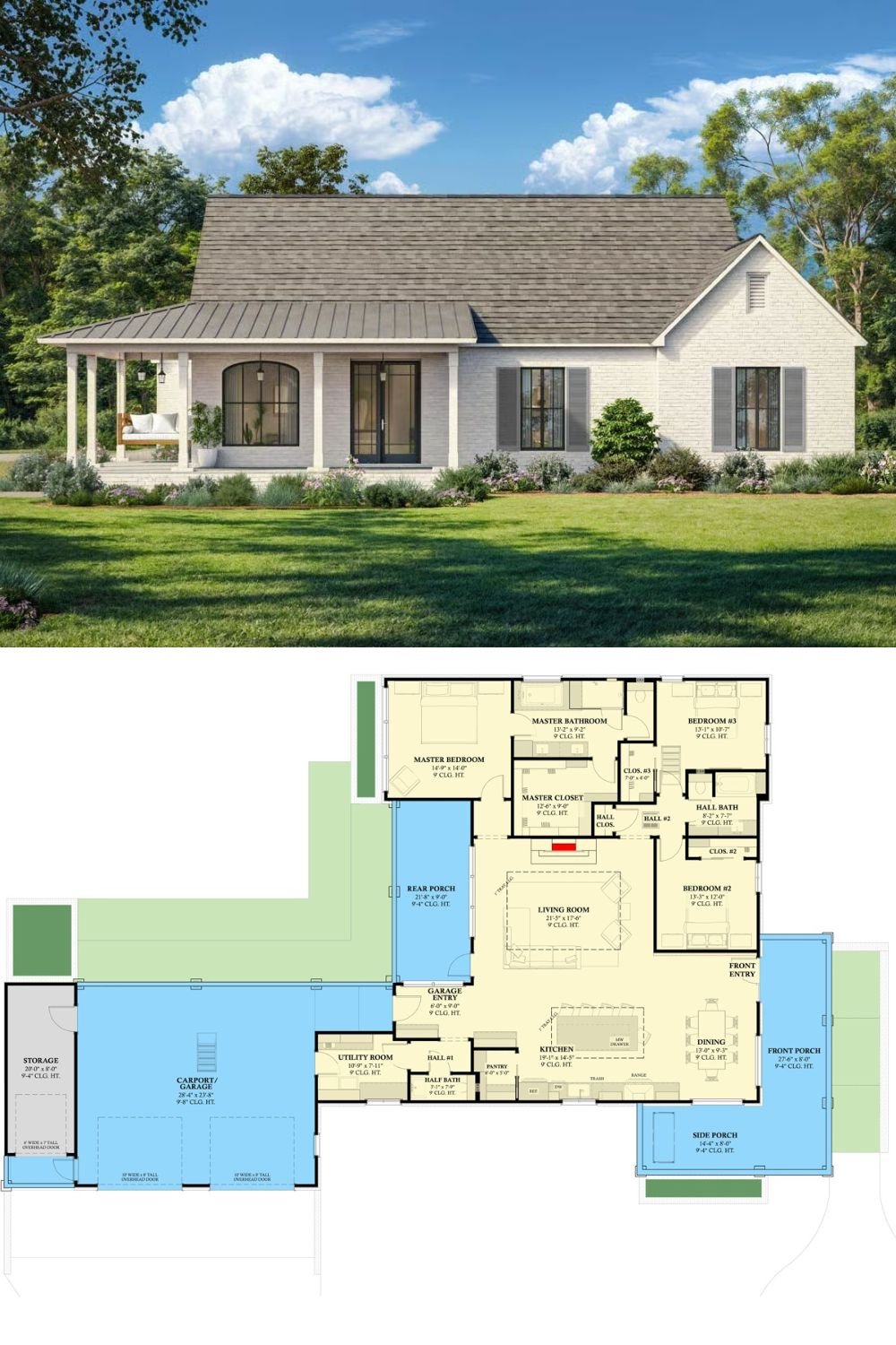 Modern 3-Bedroom French Country-Style Home with Open Floor Plan and Wraparound Porch (Floor Plan)