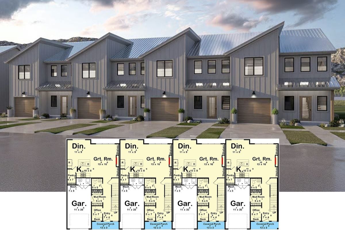 Modern Townhouse Quadplex with Front Porch and 3-Bedrooms (Floor Plan)