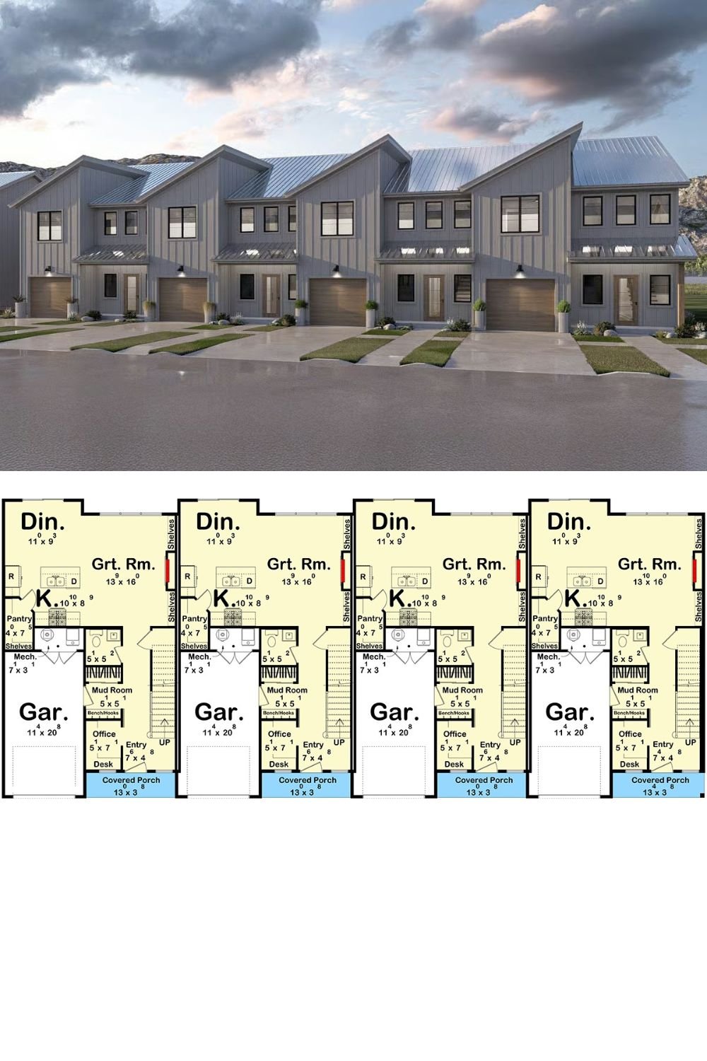 Modern Townhouse Quadplex with Front Porch and 3-Bedrooms (Floor Plan)