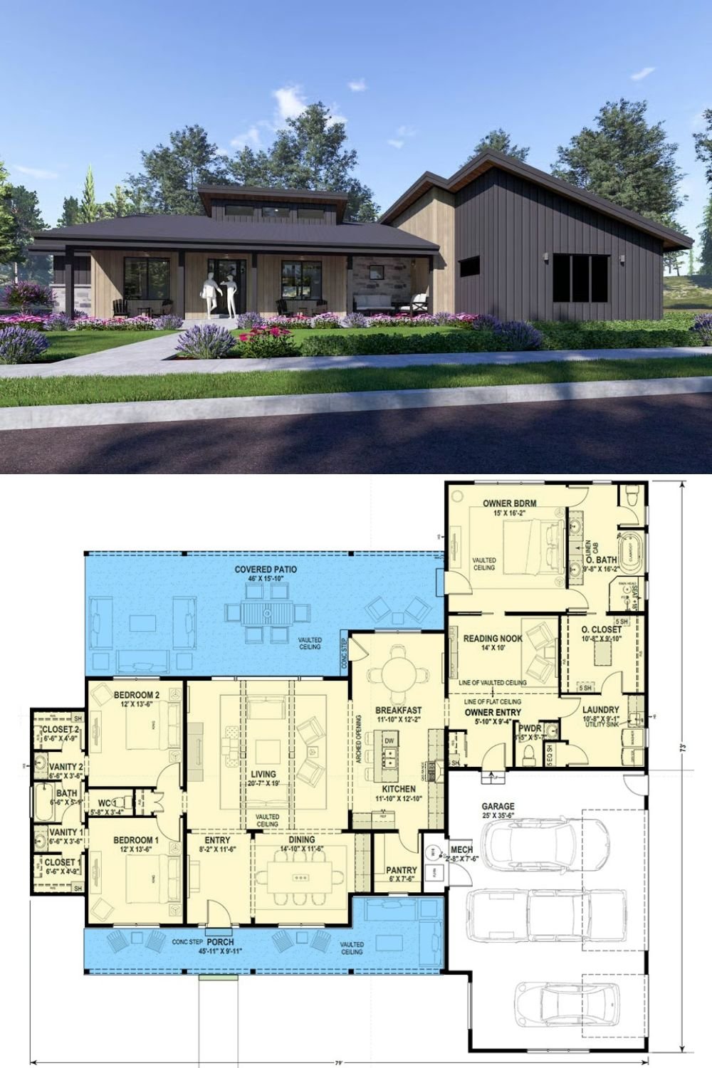 3-Bedroom Modern Ranch with Covered Patio and 3-Car Garage (Floor Plan)