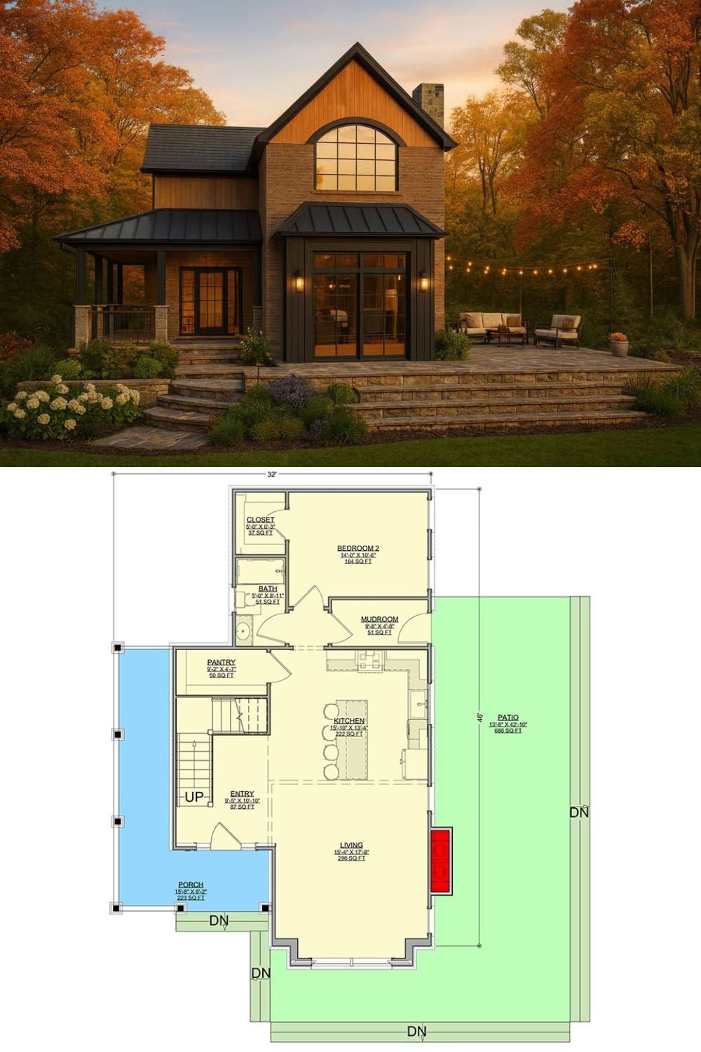 Mountain Rustic Home with 3 Bedrooms and a Wraparound Porch (Floor Plan)