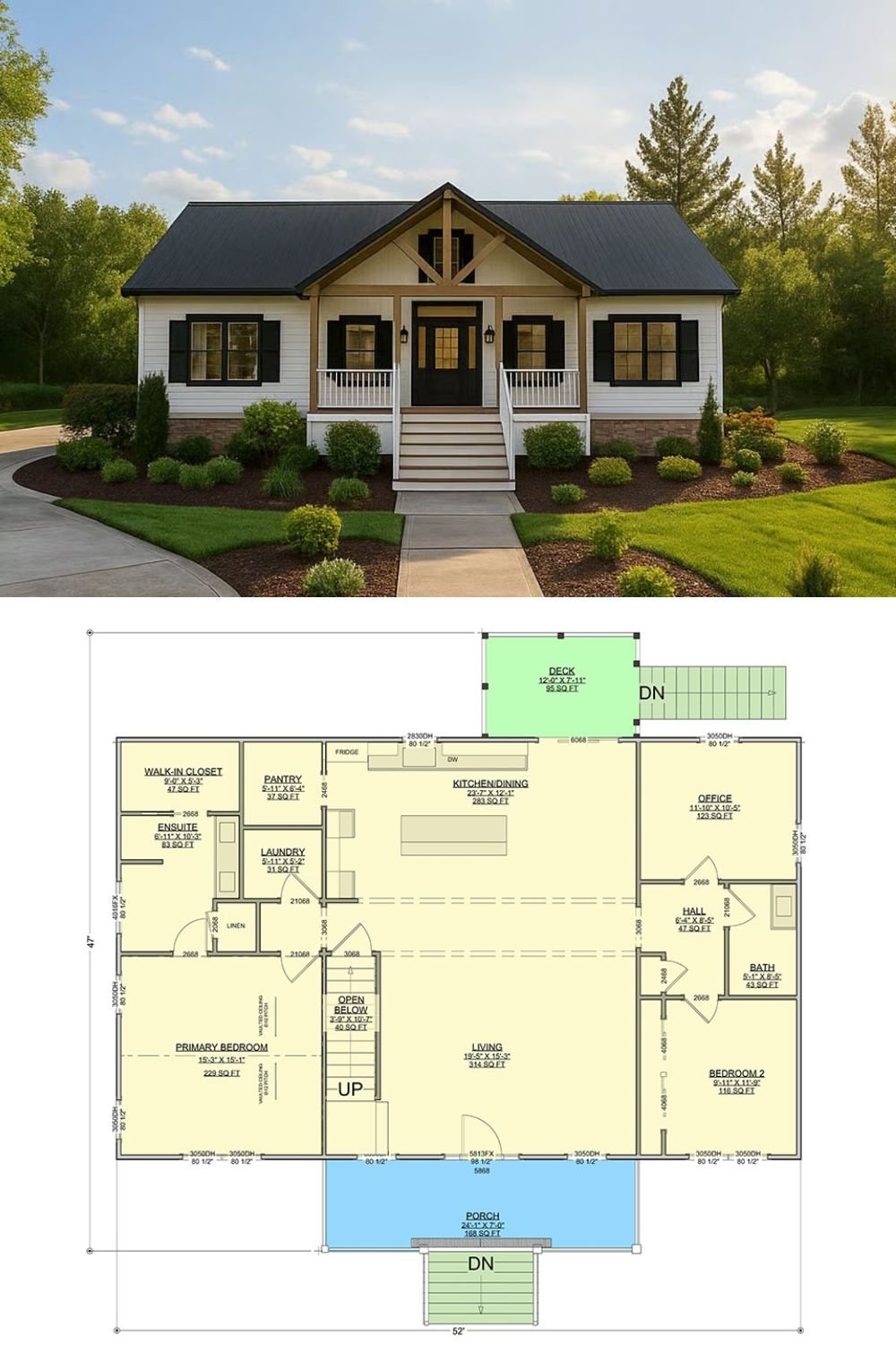 New American-Style 3-Bedroom Home with Loft and Front Porch (Floor Plan)