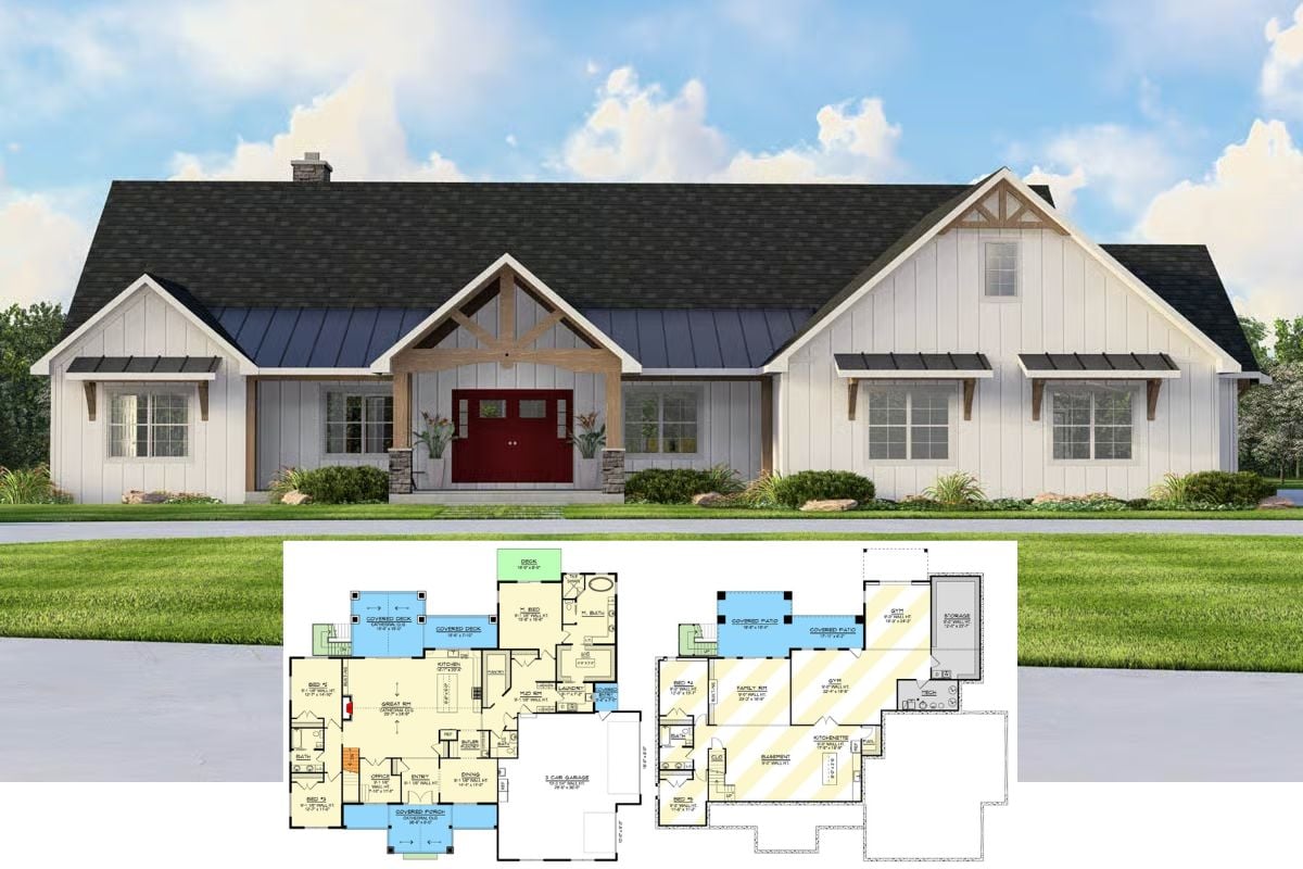New American-Style Home with 3 Bedrooms and 3-Car Garage (Floor Plan)