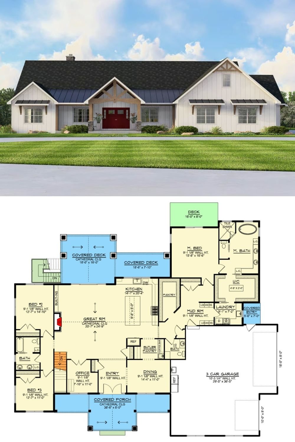 New American-Style Home with 3 Bedrooms and 3-Car Garage (Floor Plan)