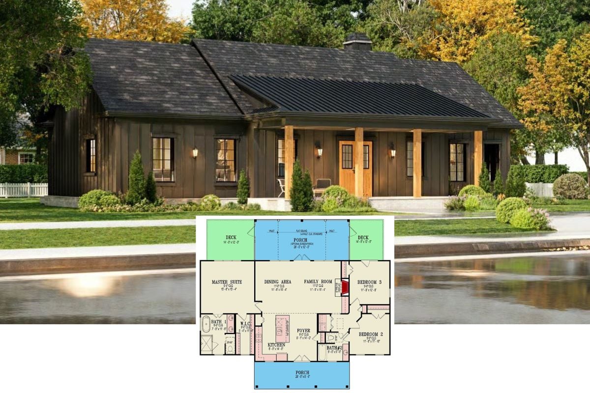 3-Bedroom New American Ranch with Dual Porches and Open-Concept Living (Floor Plan)