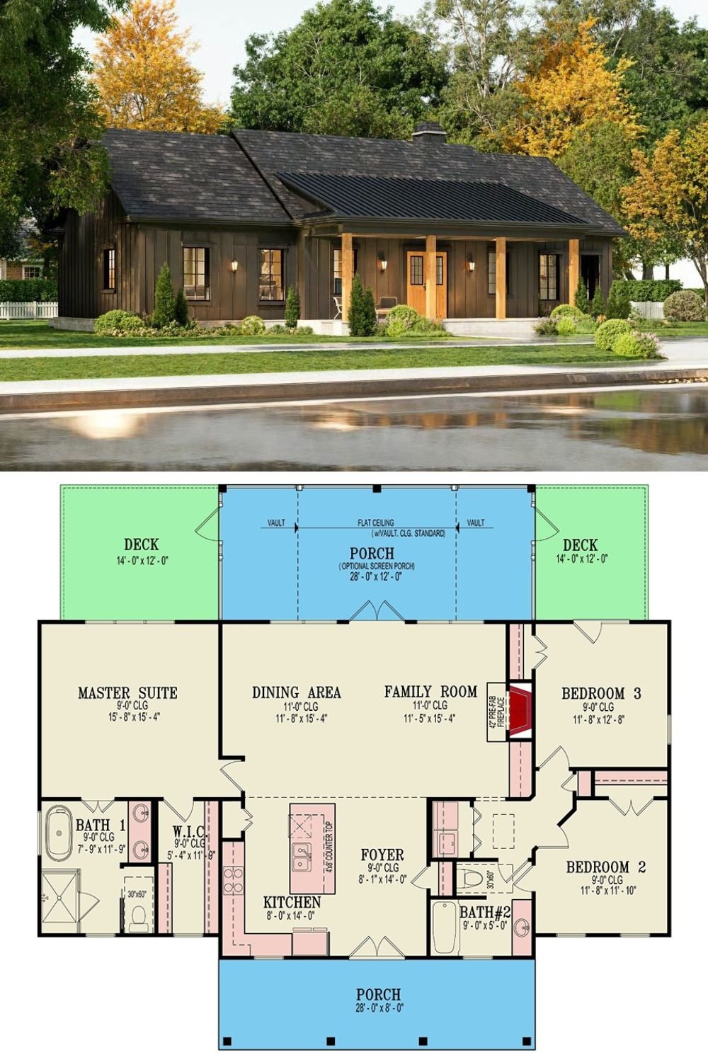 3-Bedroom New American Ranch with Dual Porches and Open-Concept Living (Floor Plan)