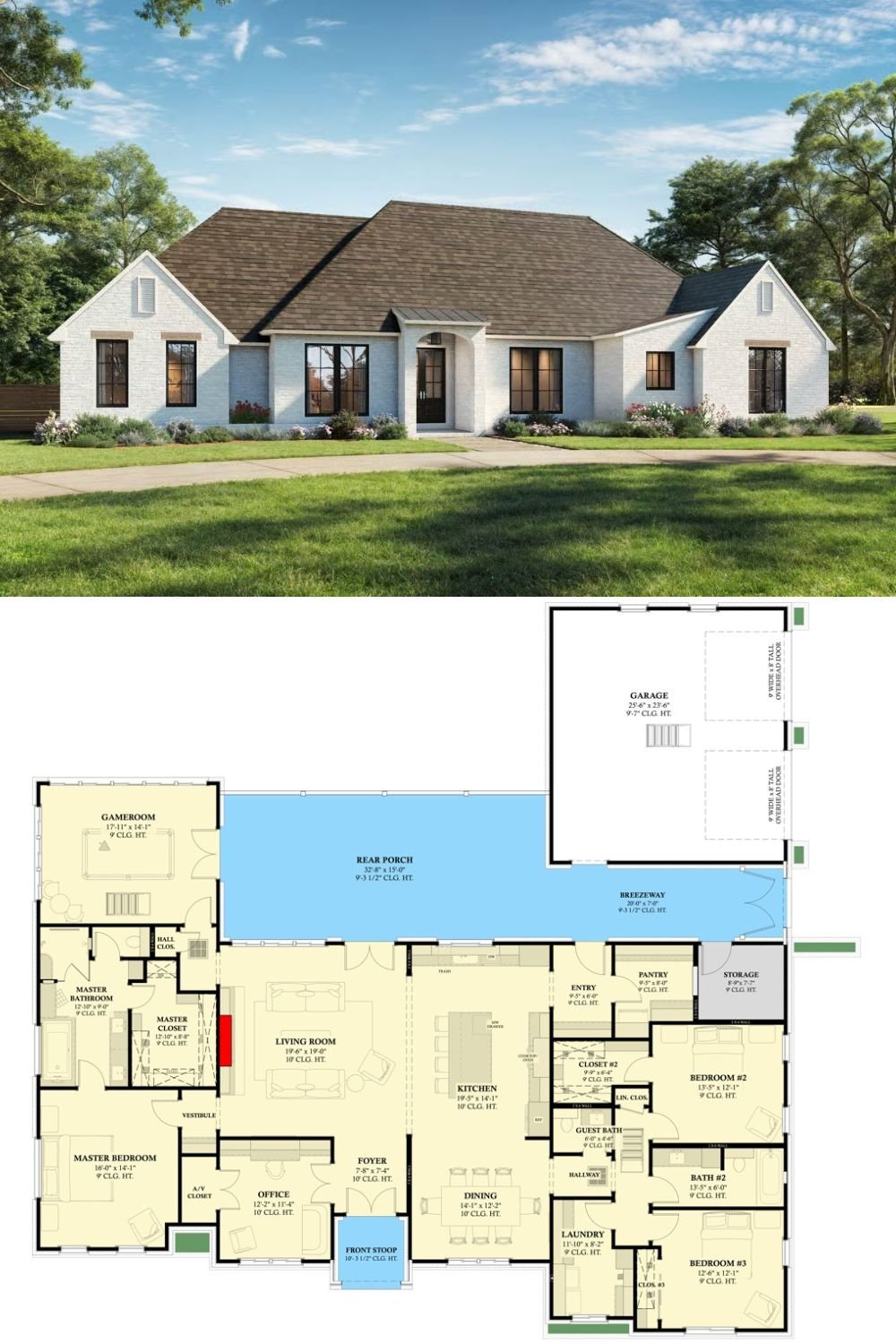 3-Bedroom Ranch for a Corner Lot with Covered Patio (Floor Plan)