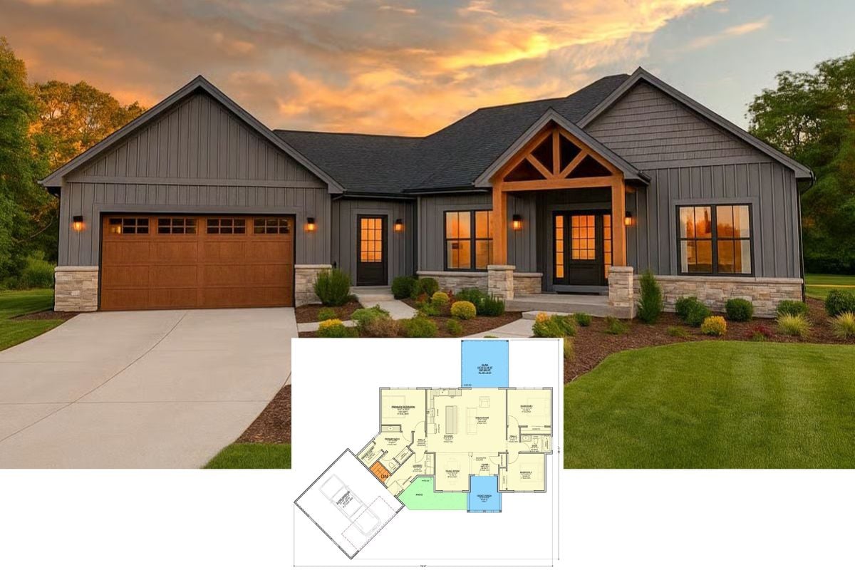 Rustic 3-Bedroom Craftsman Home with Angled Garage and Open-Concept Living (Floor Plan)