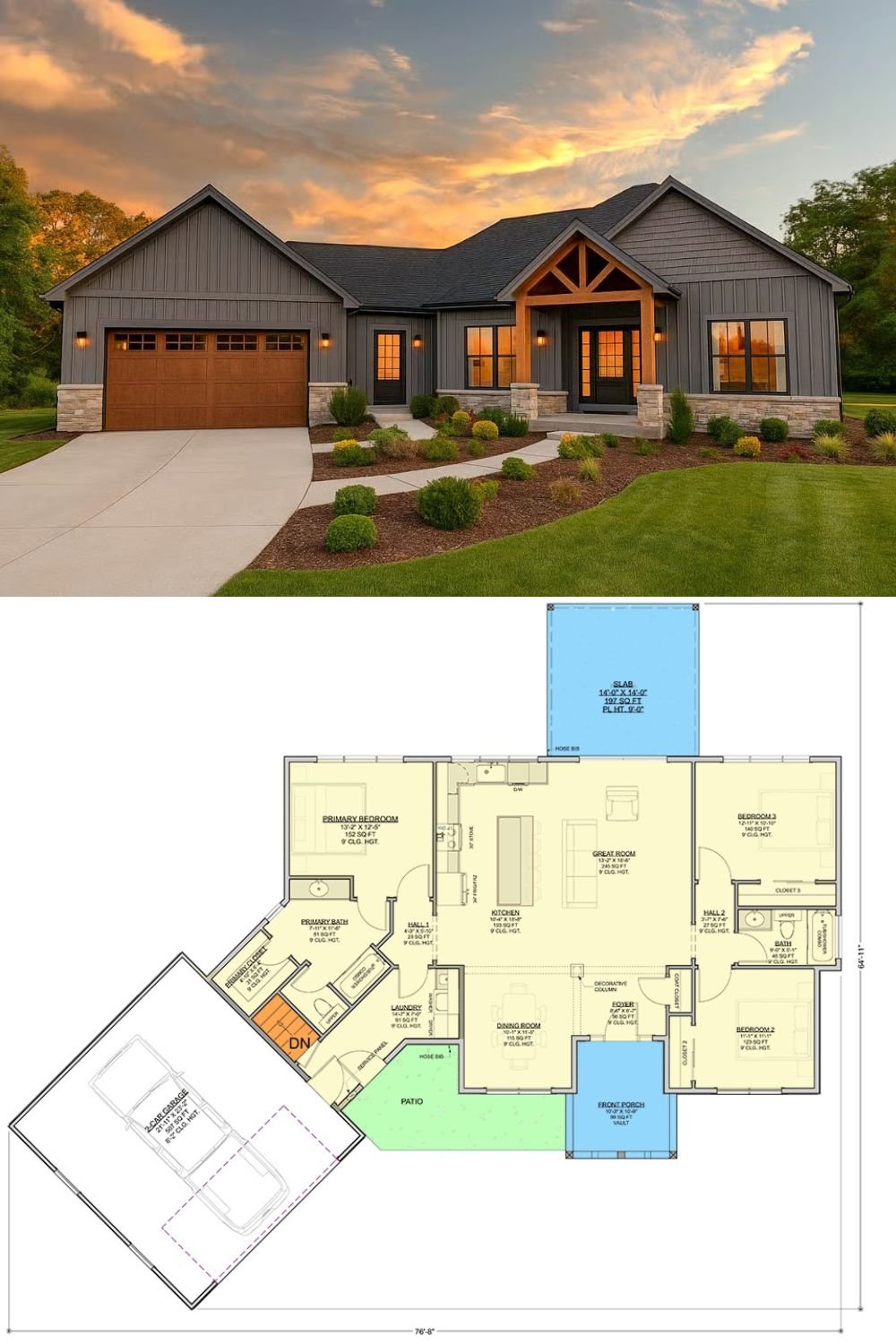 Rustic 3-Bedroom Craftsman Home with Angled Garage and Open-Concept Living (Floor Plan)