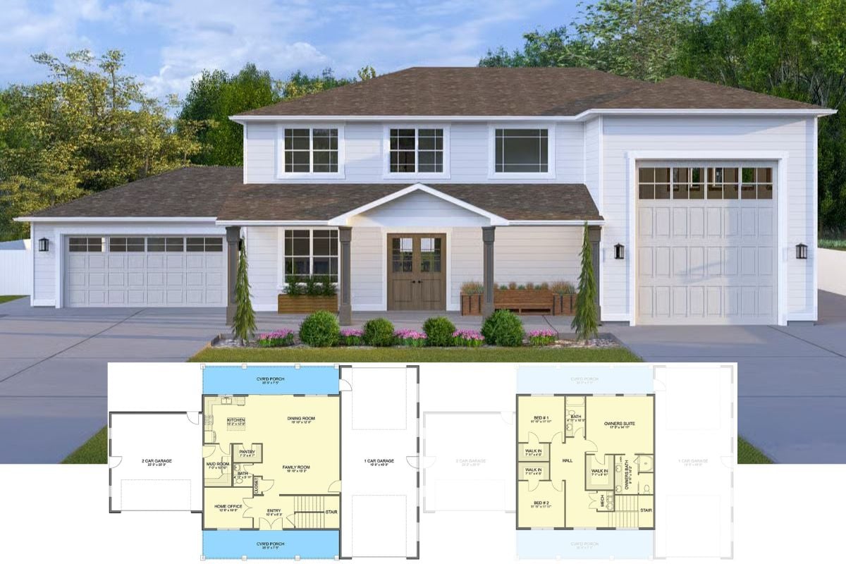 3-Bedroom Traditional Home with RV Garage and Dual Porches (Floor Plan)