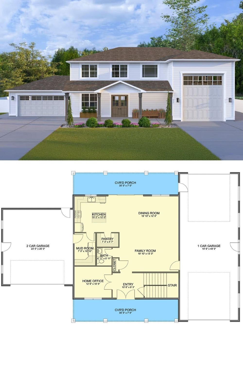 3-Bedroom Traditional Home with RV Garage and Dual Porches (Floor Plan)