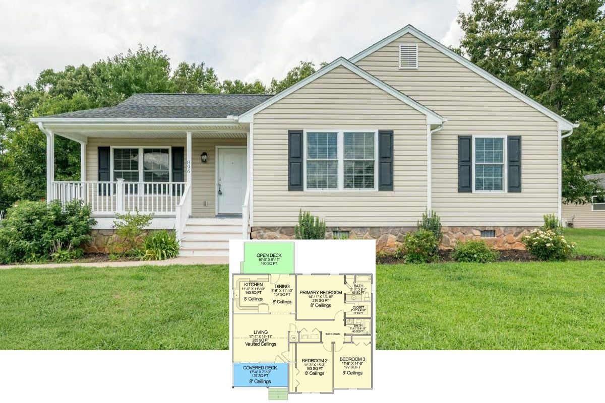 Traditional-Style Ranch with Covered Front Porch and 3 Bedrooms (Floor Plan)