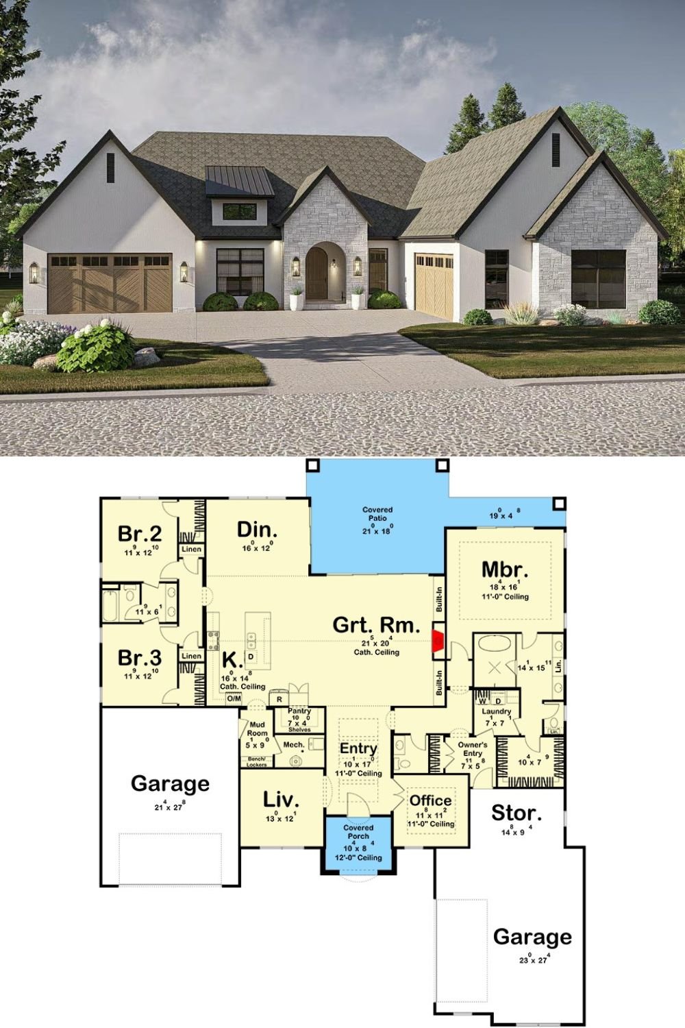 Transitional-Style Home with 3 Bedrooms and Open-Concept Living (Floor Plan)