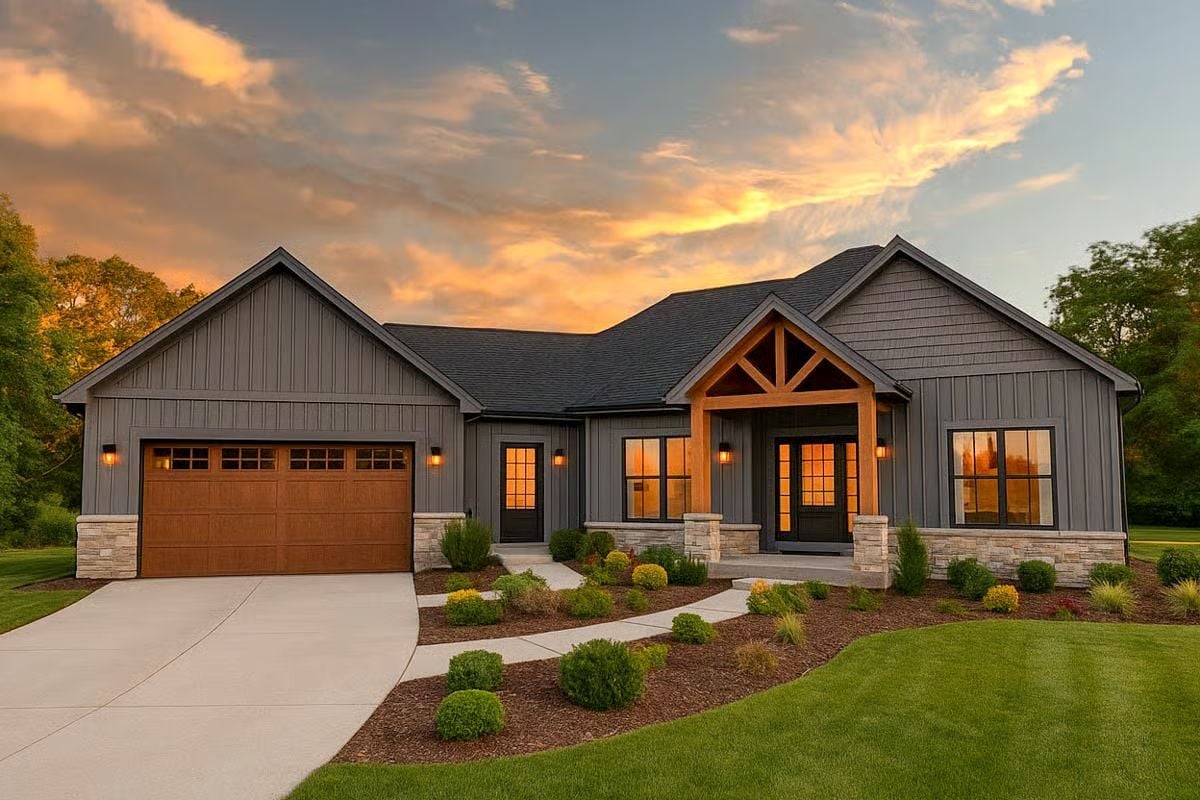 Rustic 3-Bedroom Craftsman Home with Angled Garage and Open-Concept Living (Floor Plan)