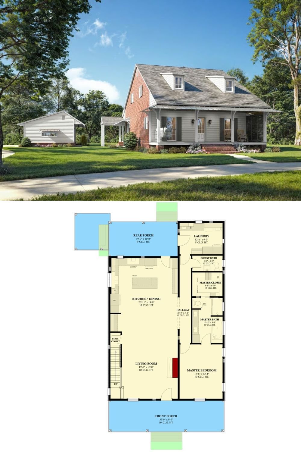 4-Bedroom Acadian Home with Dual Porches and Open-Concept Living (Floor Plan)