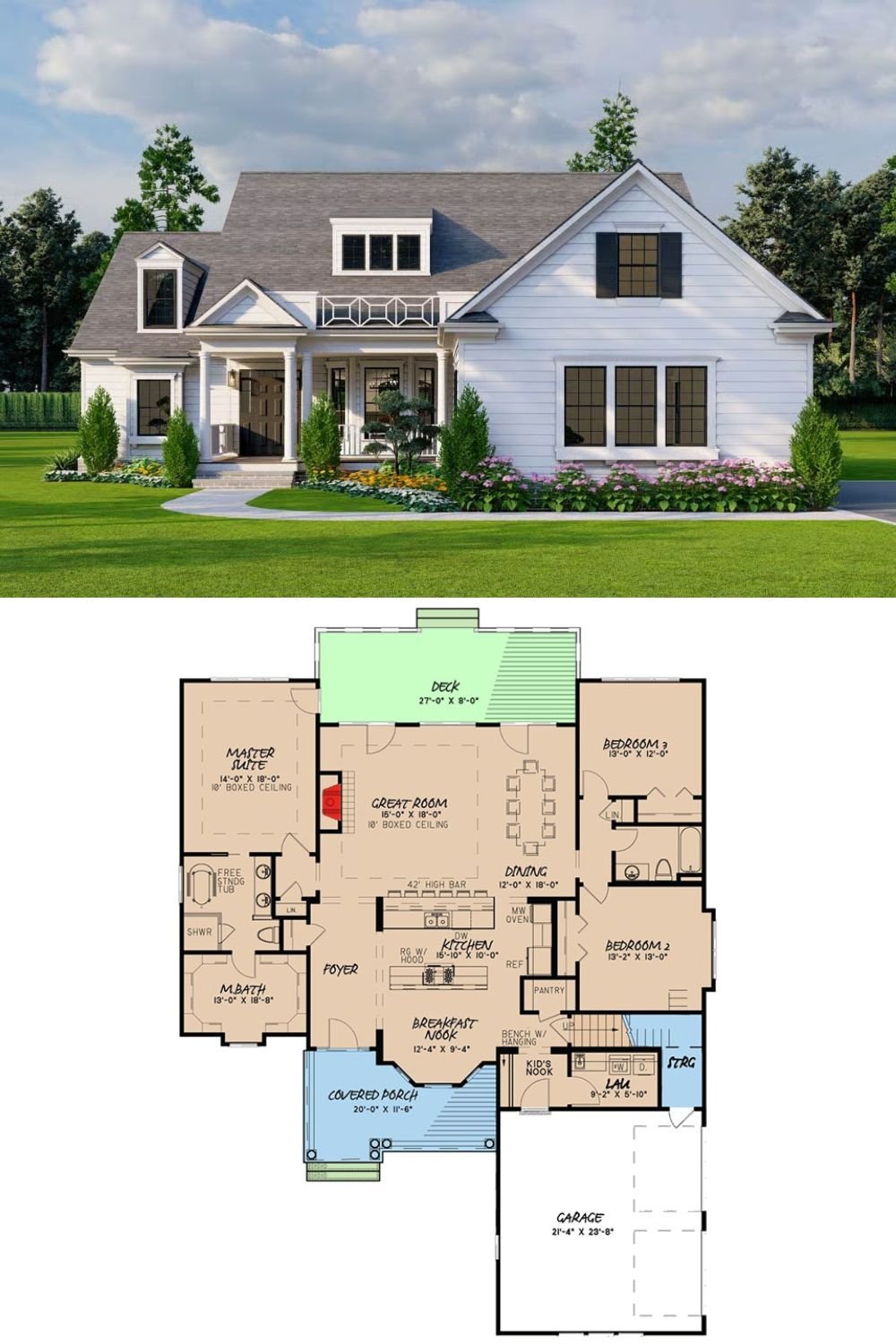 Country-Style 4-Bedroom Home with Front Porch and Bonus Room (Floor Plan)