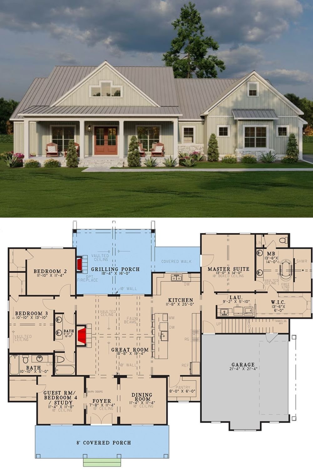 4-Bedroom Farmhouse with Grilling Porch and Bonus Room (Floor Plan)