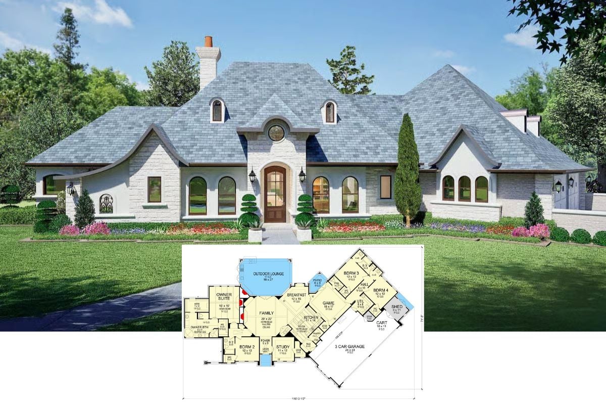 4-Bedroom French Country Home for a Wide Lot with Angled 3-Car Garage (Floor Plan)