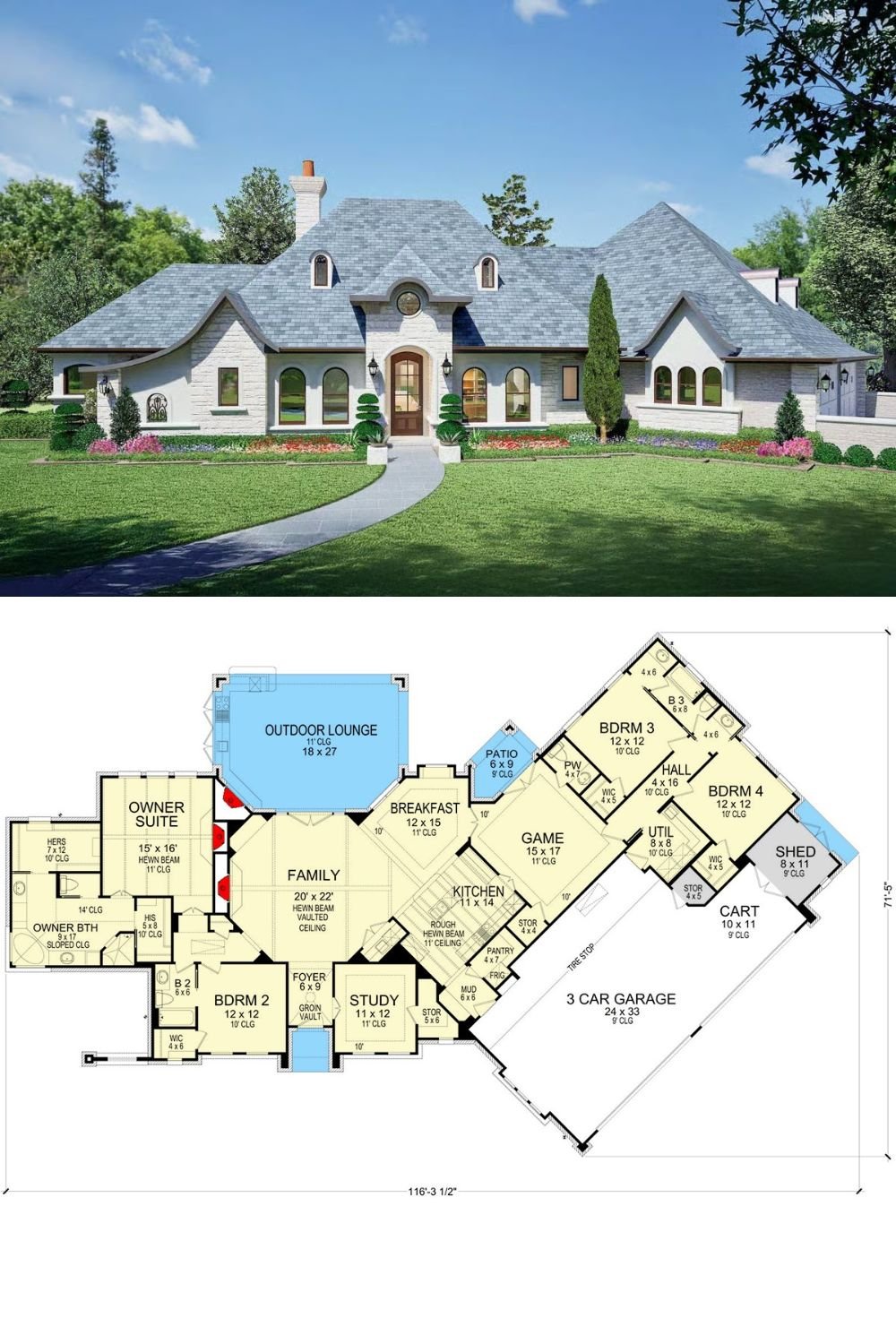 4-Bedroom French Country Home for a Wide Lot with Angled 3-Car Garage (Floor Plan)