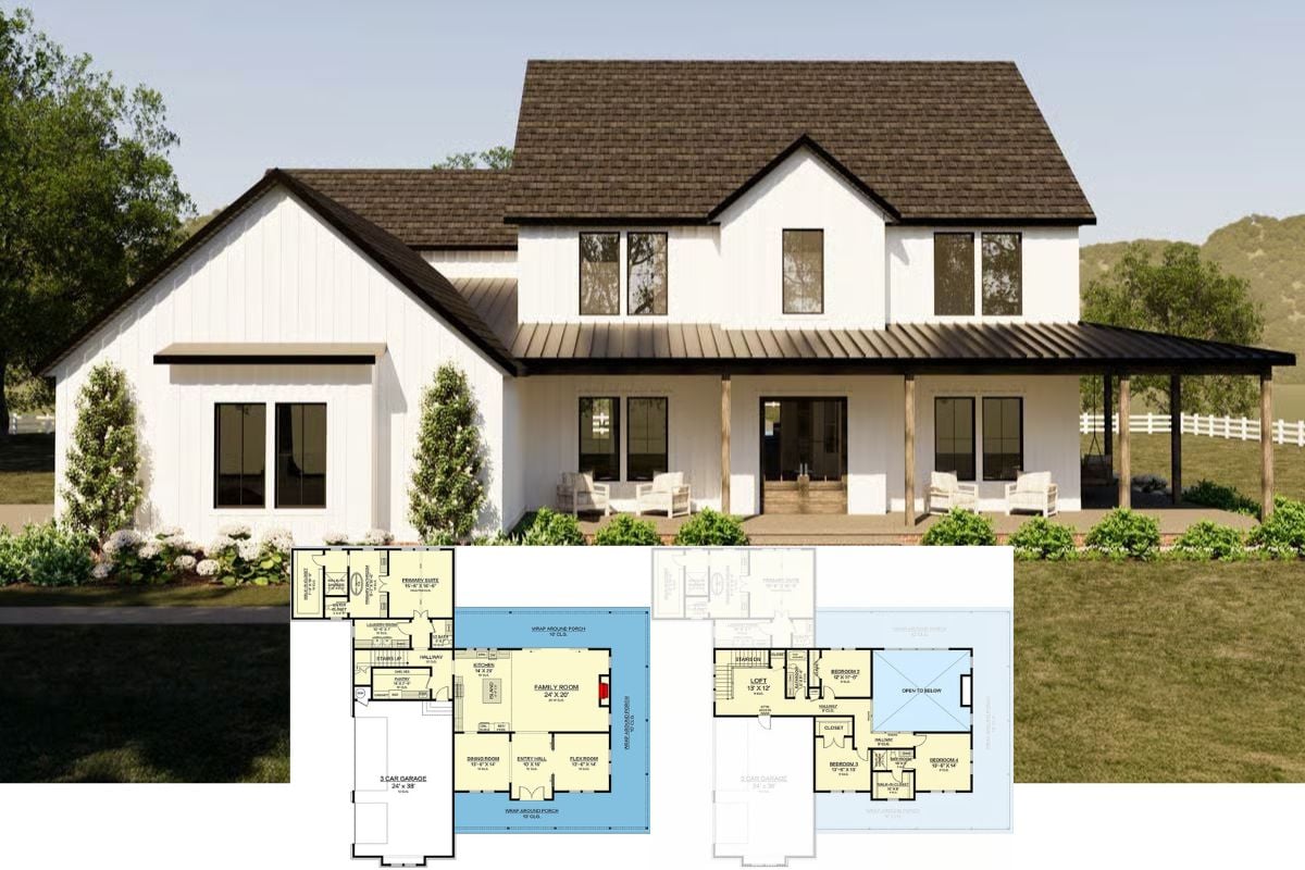 4-Bedroom Modern Farmhouse with Loft and Wraparound Porch (Floor Plan)